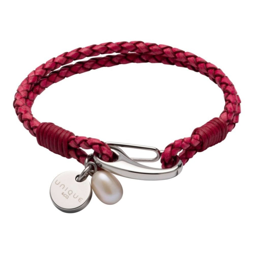 Antique Cyclamen Leather Bracelet with Steel Shrimp Clasp - Pearl