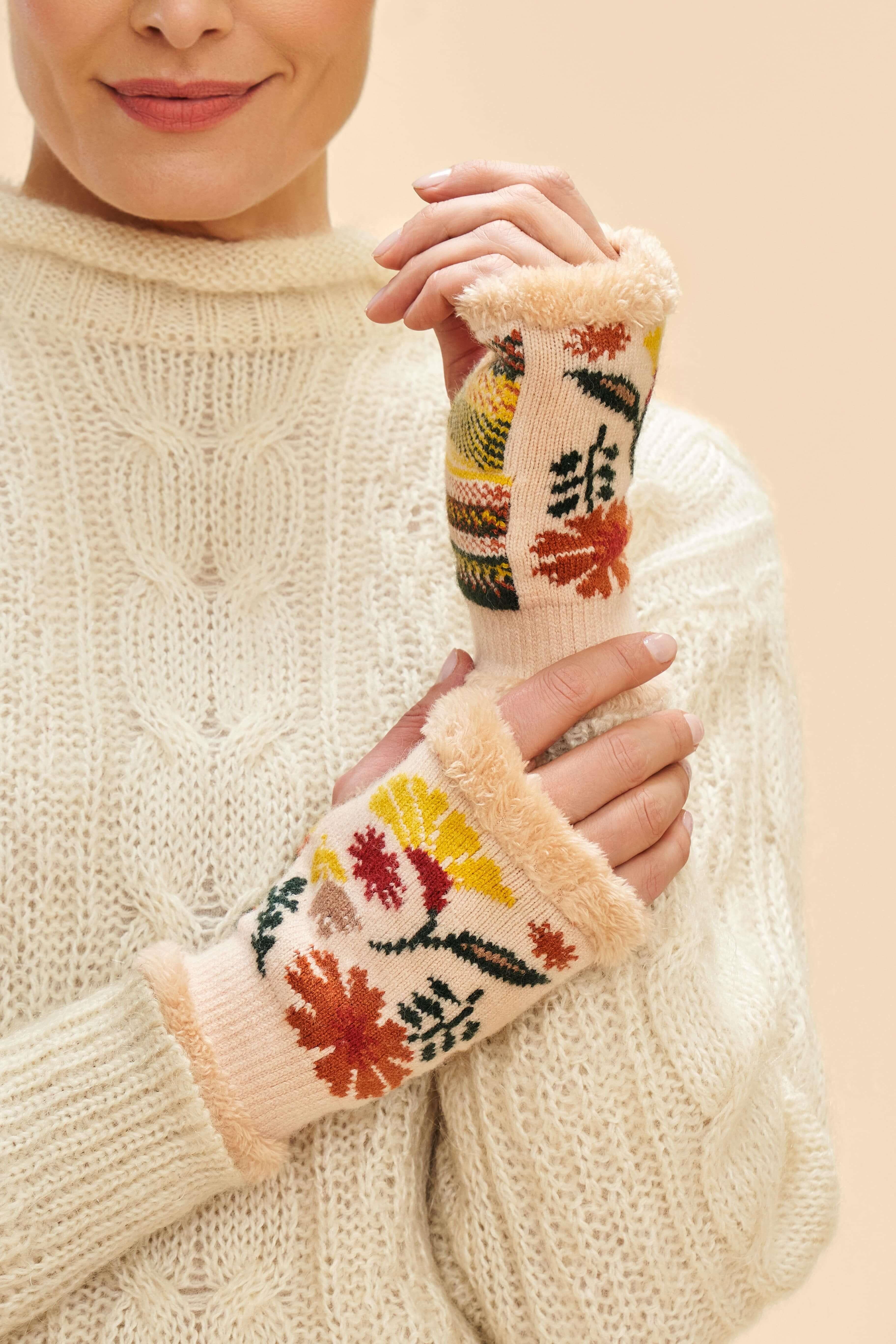 Ladies Watercolour Floral Wrist Warmers - Cream