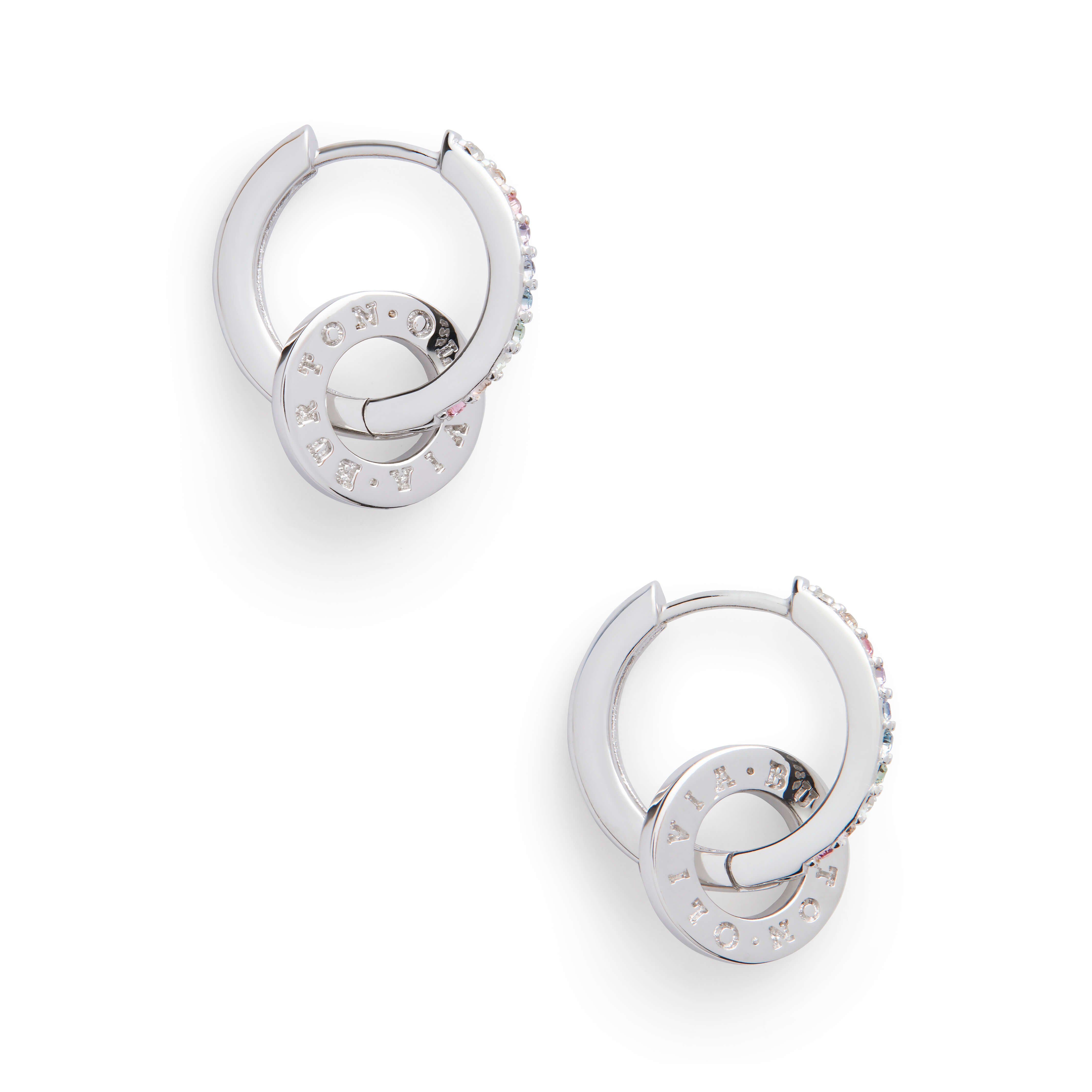 Bejewelled Rainbow Classic Rhodium Plated Huggie Hoops & Charms Earrings