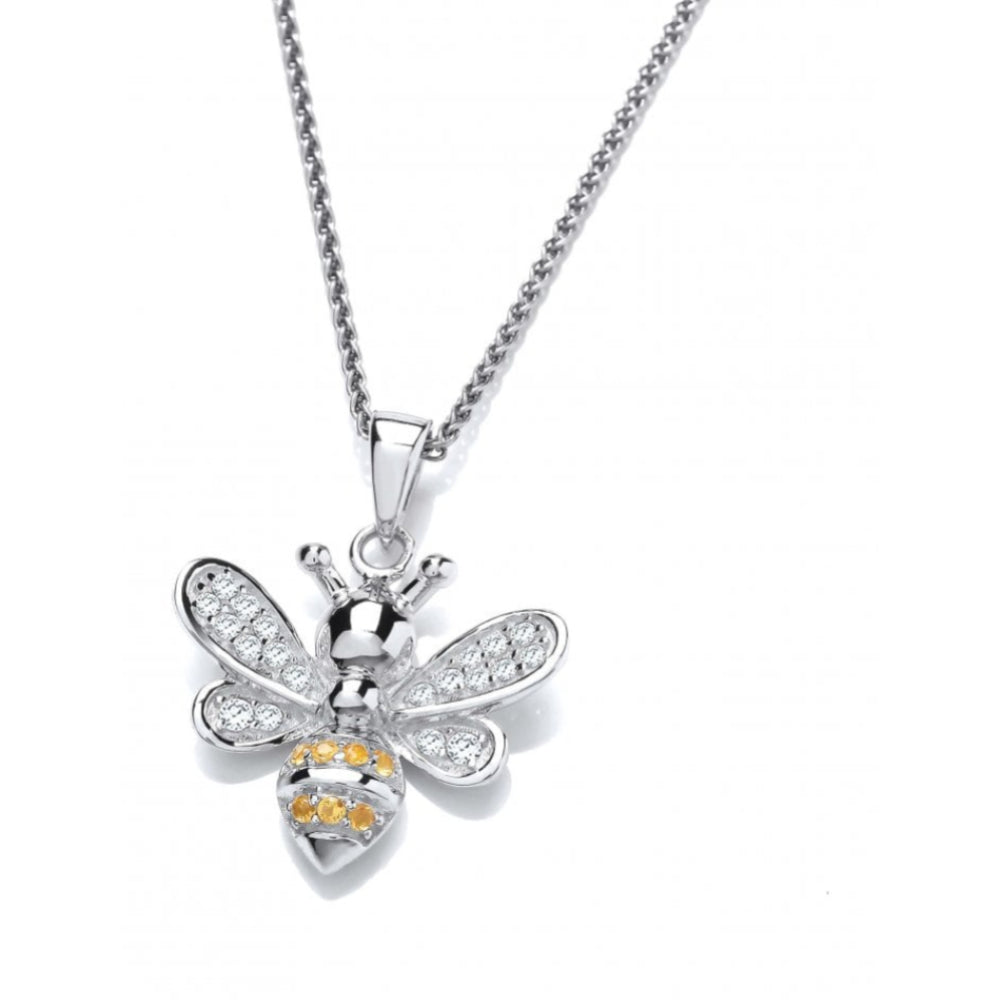 Silver CZ Yellow Honey Bee Pendant