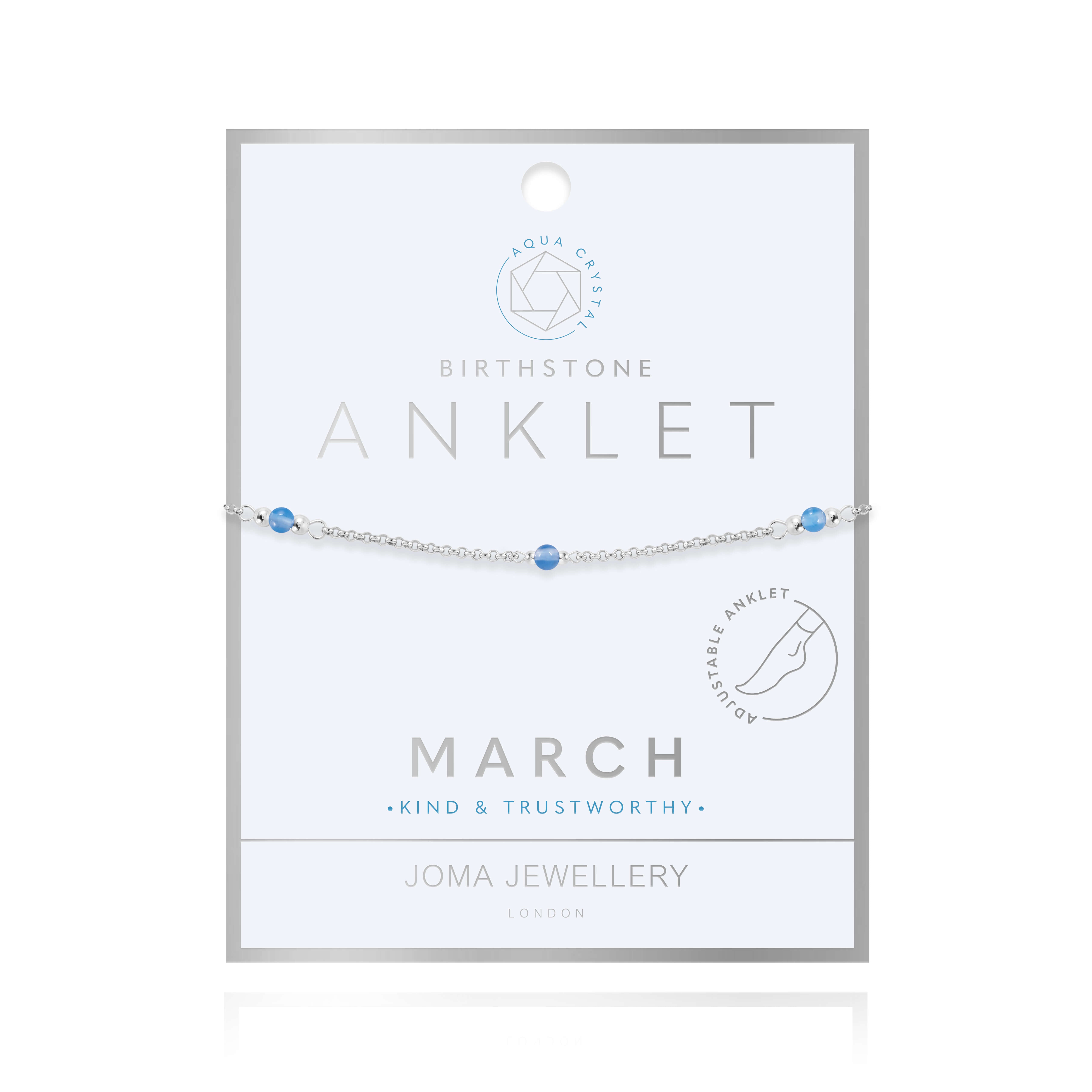 Anklet | Birthstone March Aqua Crystal | Silver | 26cm Adjustable