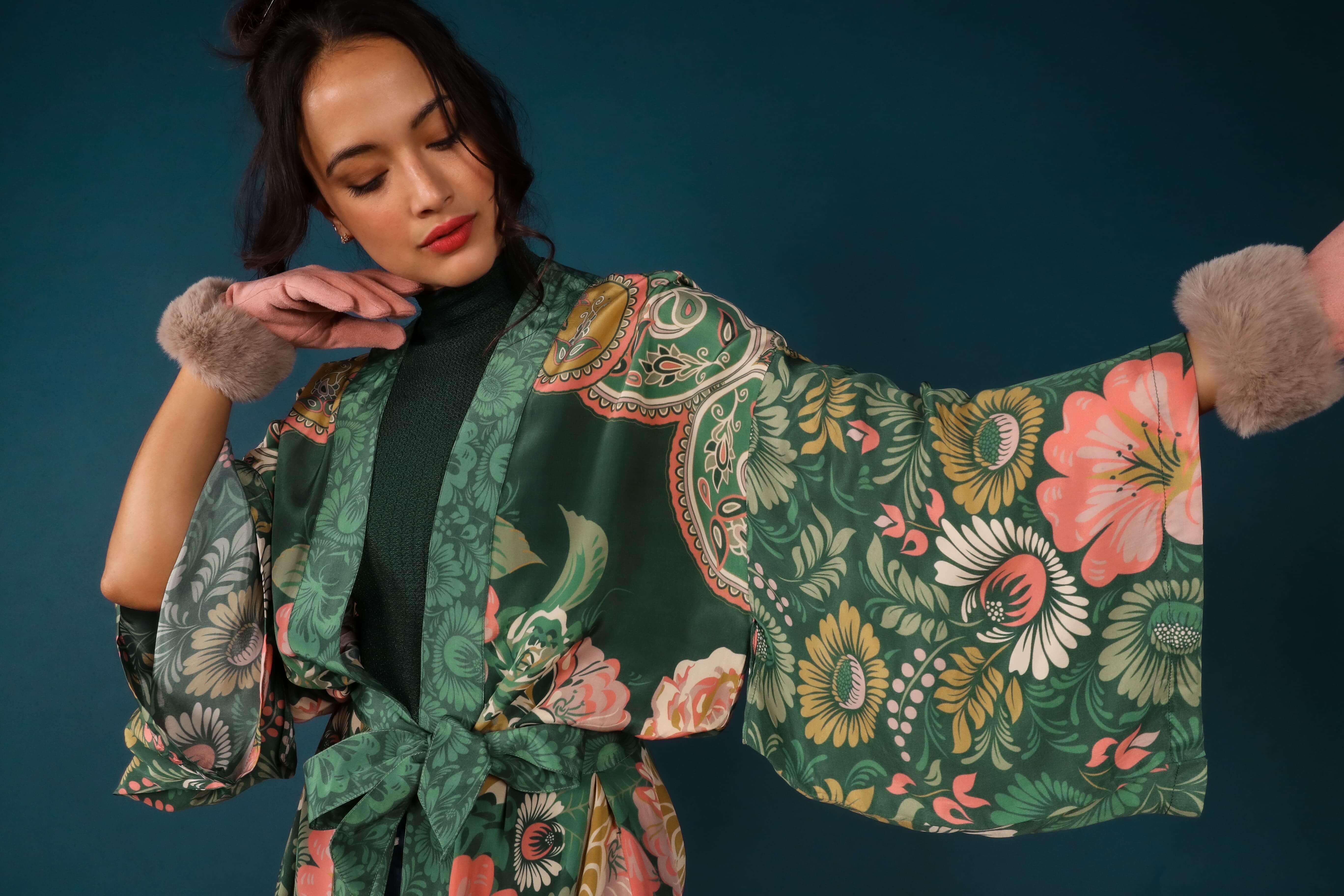 Luxury Kimono Gown Folk Art Floral - Fern
