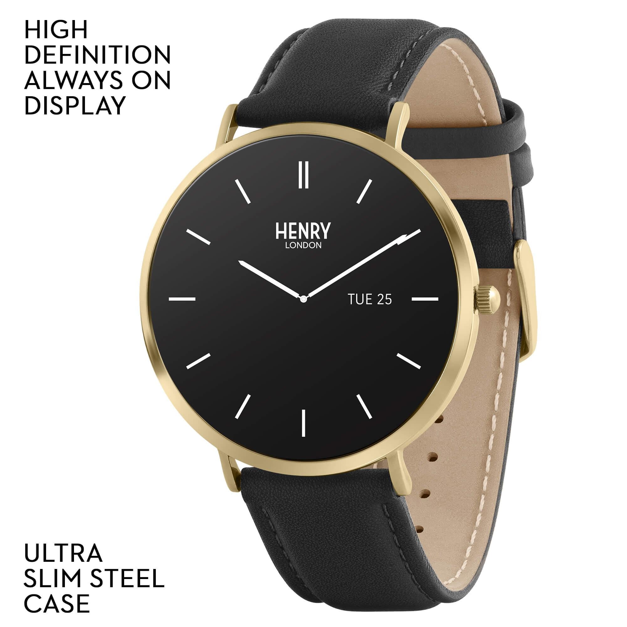 Smart Amoled Gold & Black Leather Strap Watch