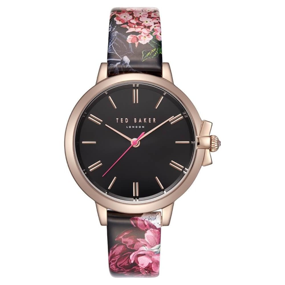 Ted Baker Ladies 36mm Floral Strap, Rose Gold Case Black Dial