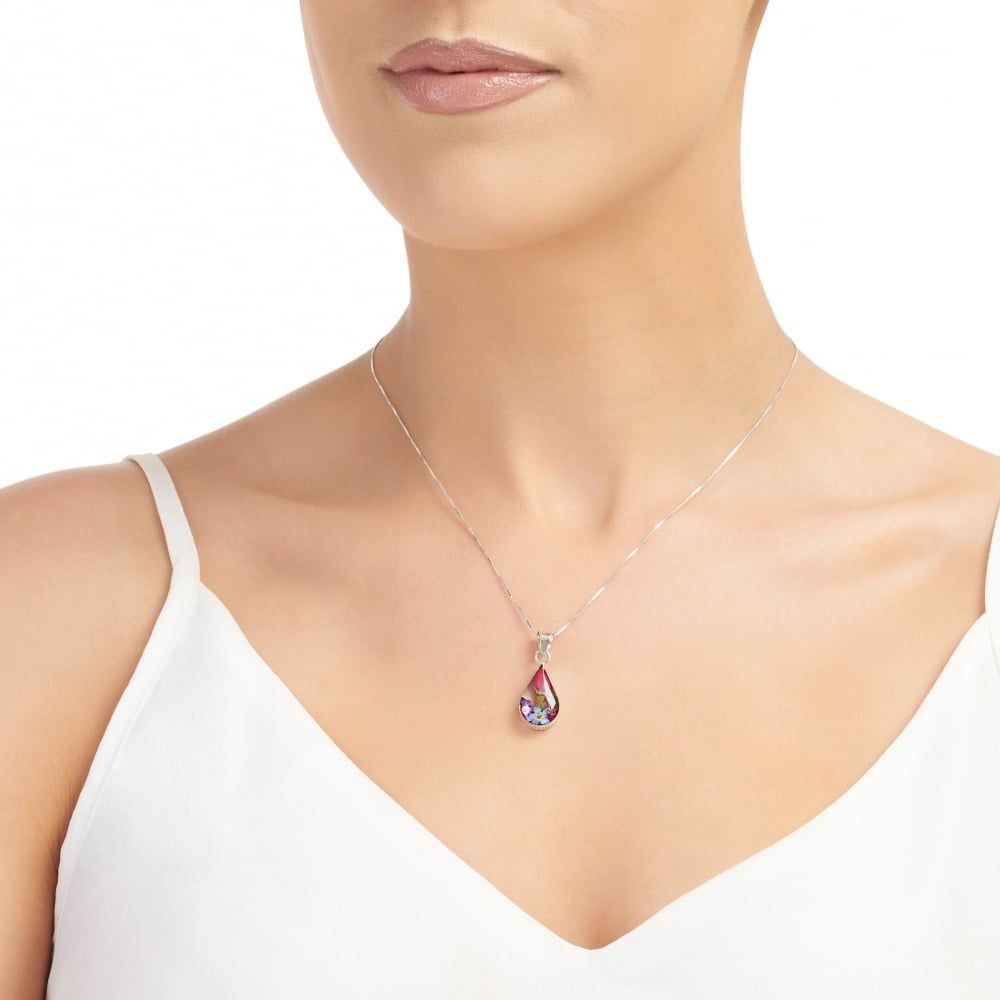 Silver Pendant - Mixed flower - Teardrop