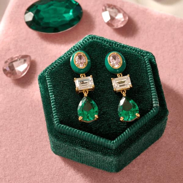 Frida Statement Enamel Drop Earrings In Rose Pink, Emerald CZ & Gold
