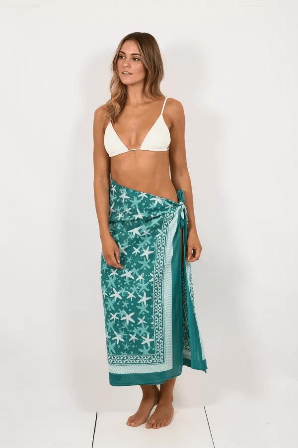 Hand Printed Cotton Sarong Starfish Green