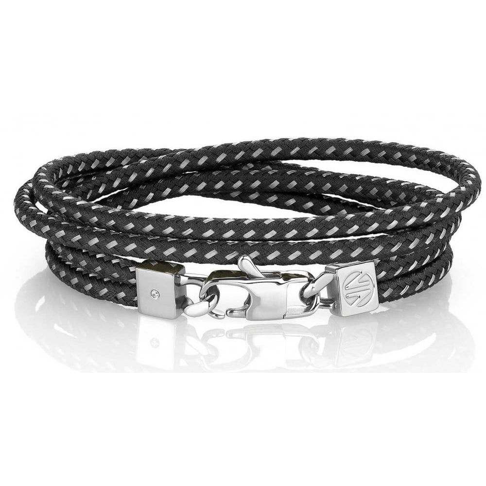 Tribe Stainless Steel, Fabric & CZ Black Long Bracelet