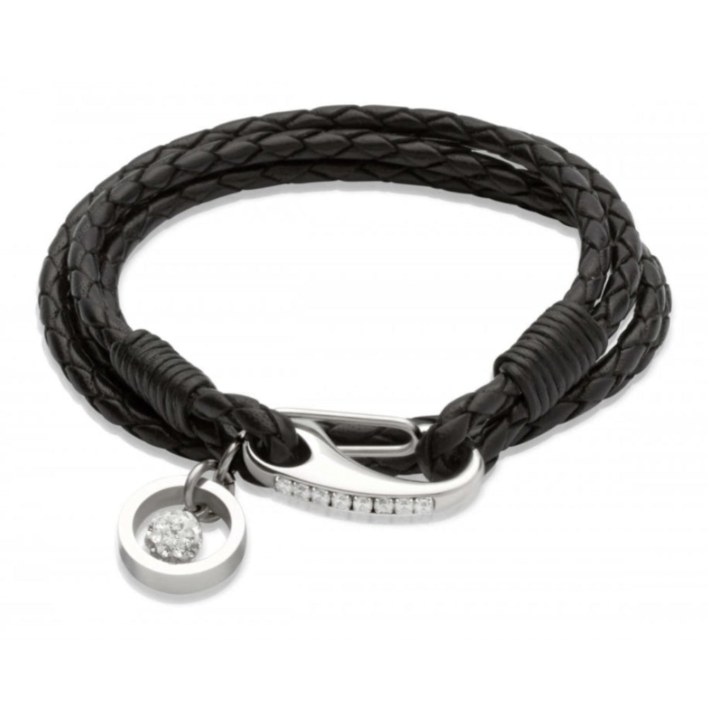 Black Leather Bracelet Steel/CZ Clasp - Steel Charm Crystal