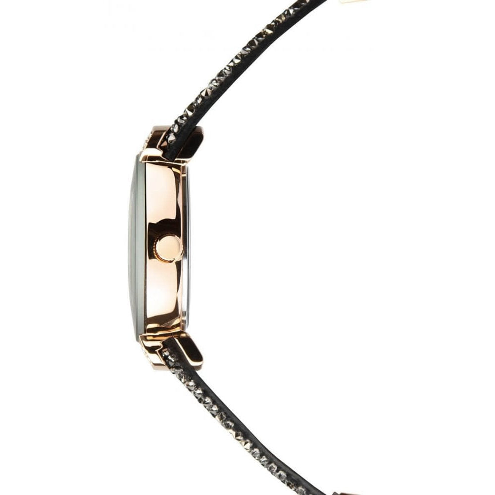 Rose Gold Plated Stone Set Case With Grey Dial & Black Leather Strap With Crystals Ladies Watch