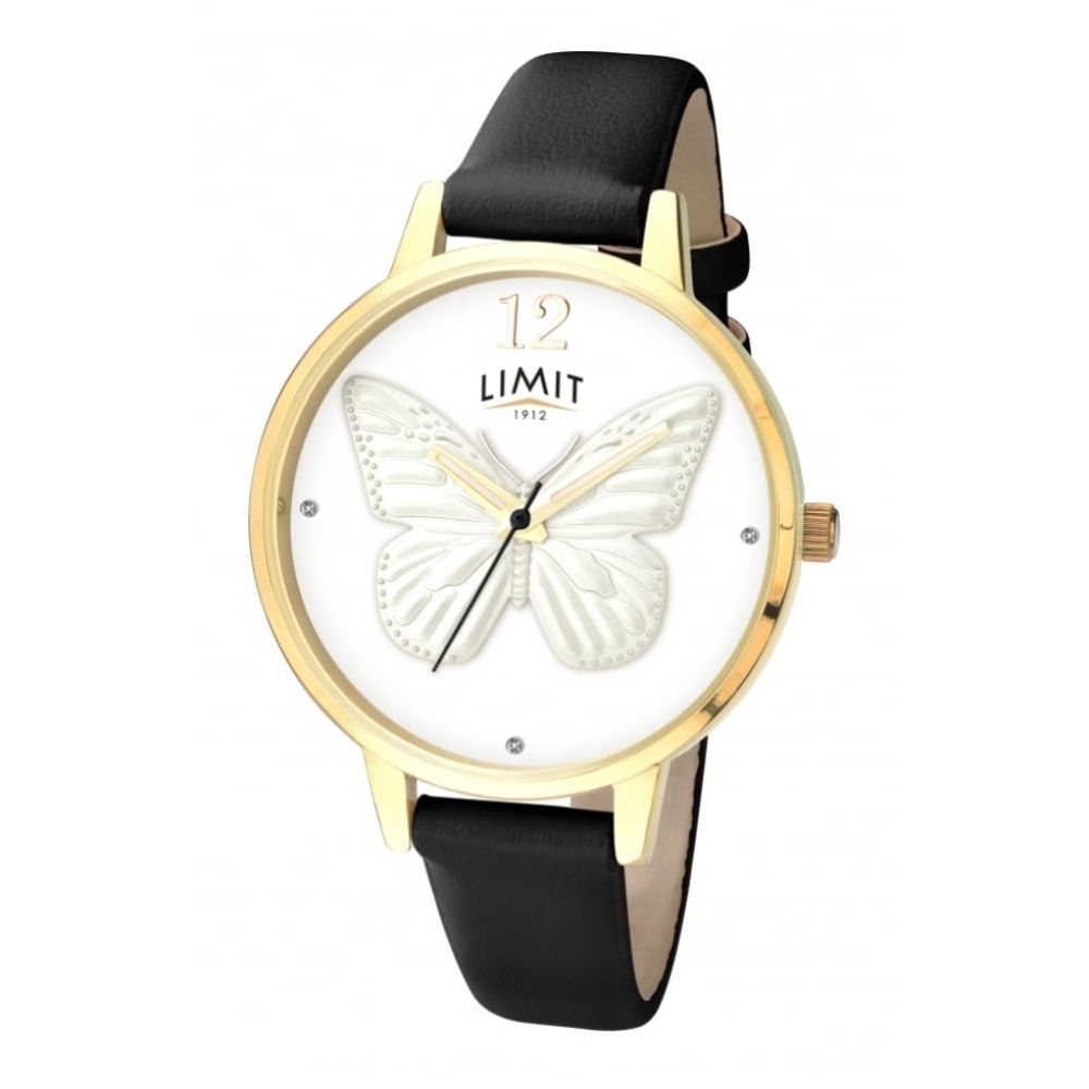 Gold Tone Case With 3D Butterfly Print White Dial & Black PU Strap Ladies Watch