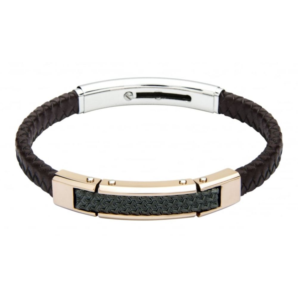 Brown Slimline Adjustable Gents Bracelet With Grey & Rose Gold Finish