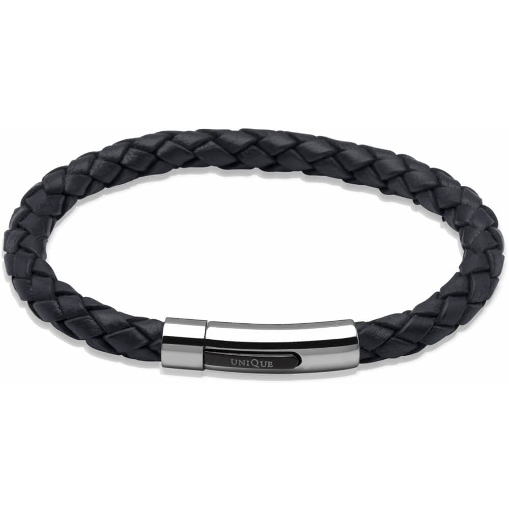 Navy Blue Leather Bracelet Steel Clasp Black