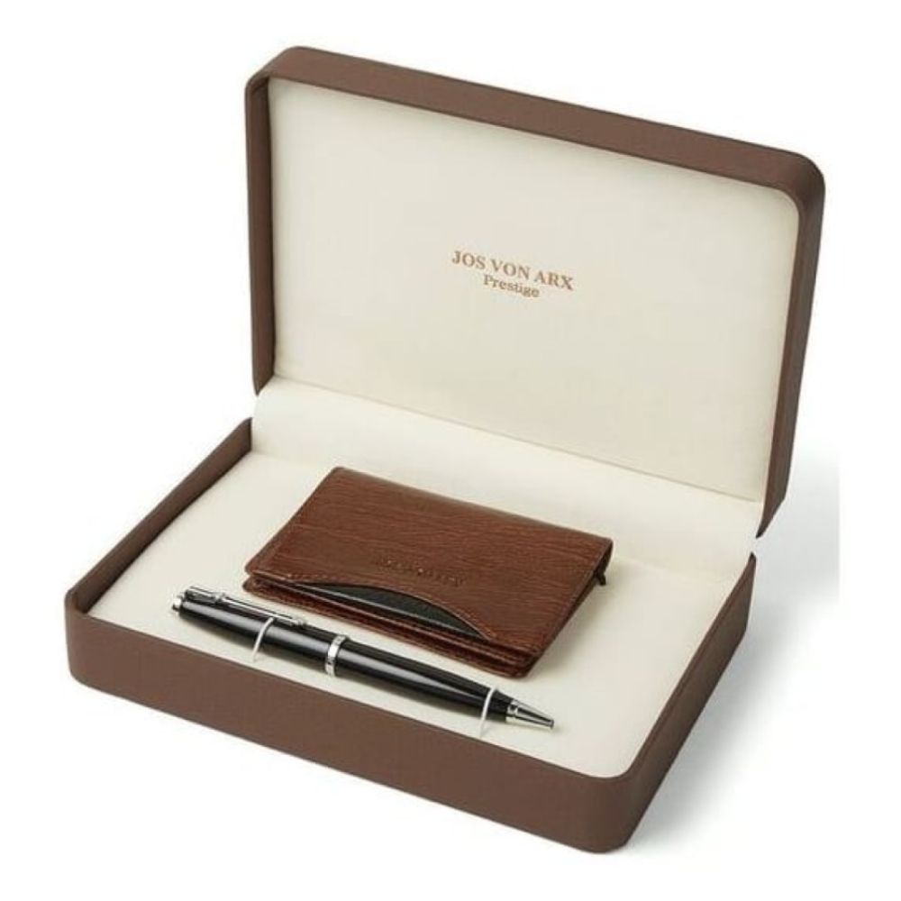 Men's Gift Set With Brown Leather Business Card Holder & Black Ball Point Pen
