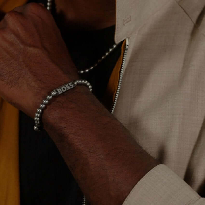 Sphere Beaded Stainless Steel Logo Clasp Gents Bracelet