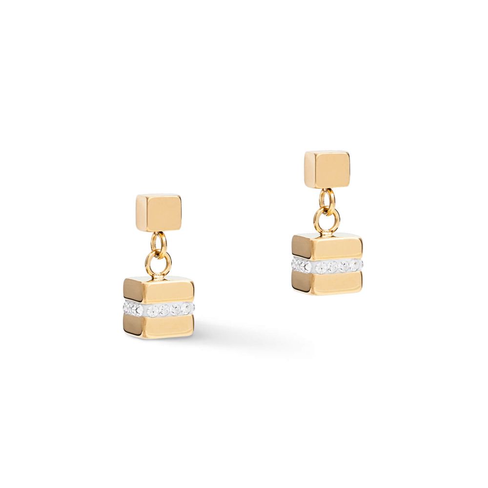 Small Gold Plated Geo Cube With Crystals Pave Earrings With Stickpin