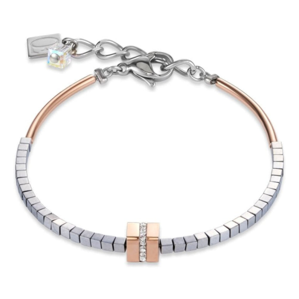 Rose Gold Cube Pendant Haematite Silver Bracelet