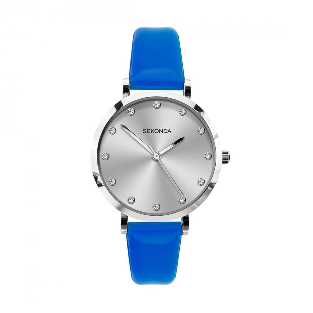 Stainless Steel Stone Set Dial With Neon Blue PU Strap Ladies Watch
