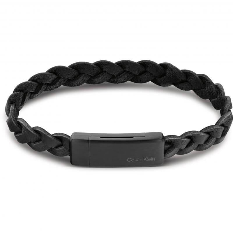 Contemporary Black Plaited Leather and Black Tone Stainless Steel Bracelet