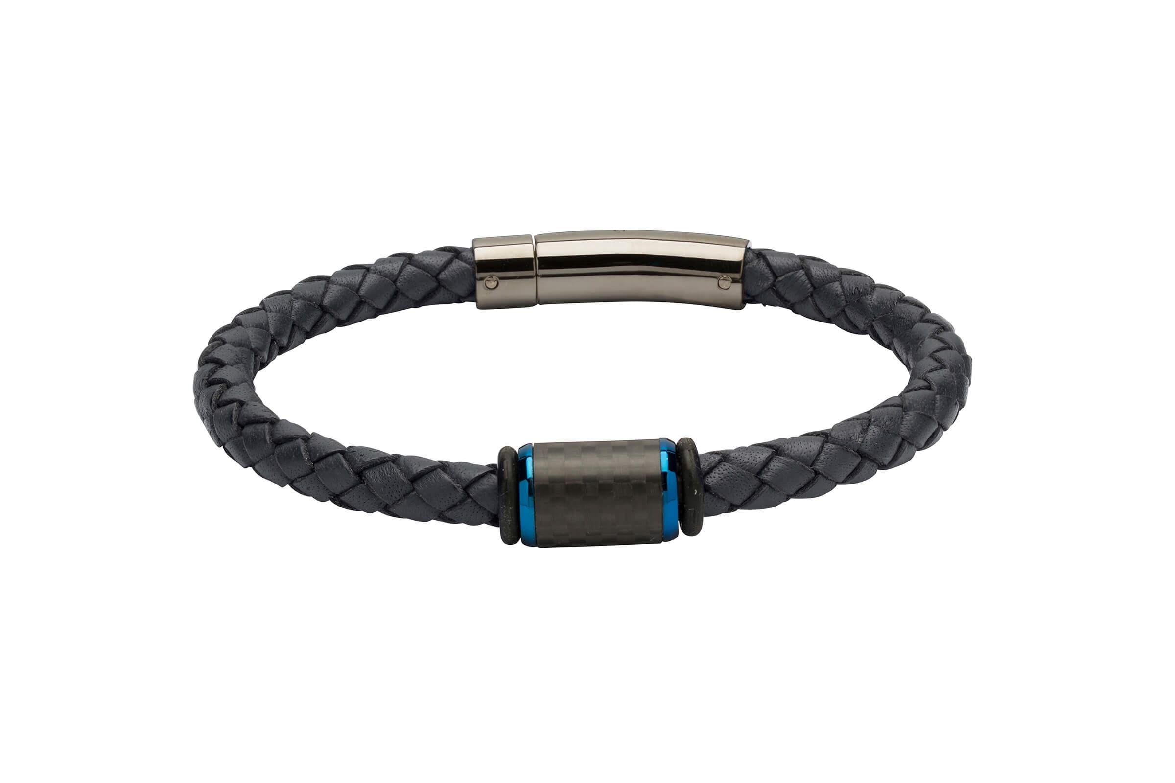 Navy Leather Bracelet With Carbon Fibre Element & Blue I.P.