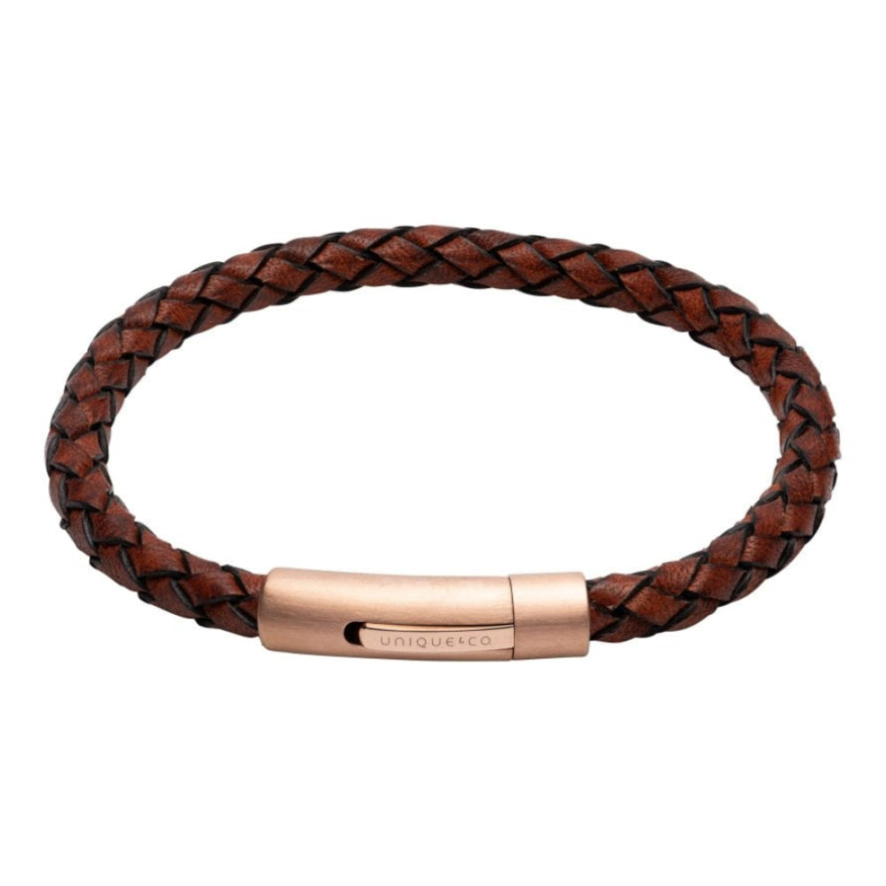 Antique Dark Brown Leather Bracelet with Matte Rose Gold IP Plated Steel Clasp