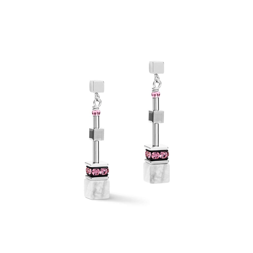 Medium Rose-White Geo Cube Earrings With Stickpin