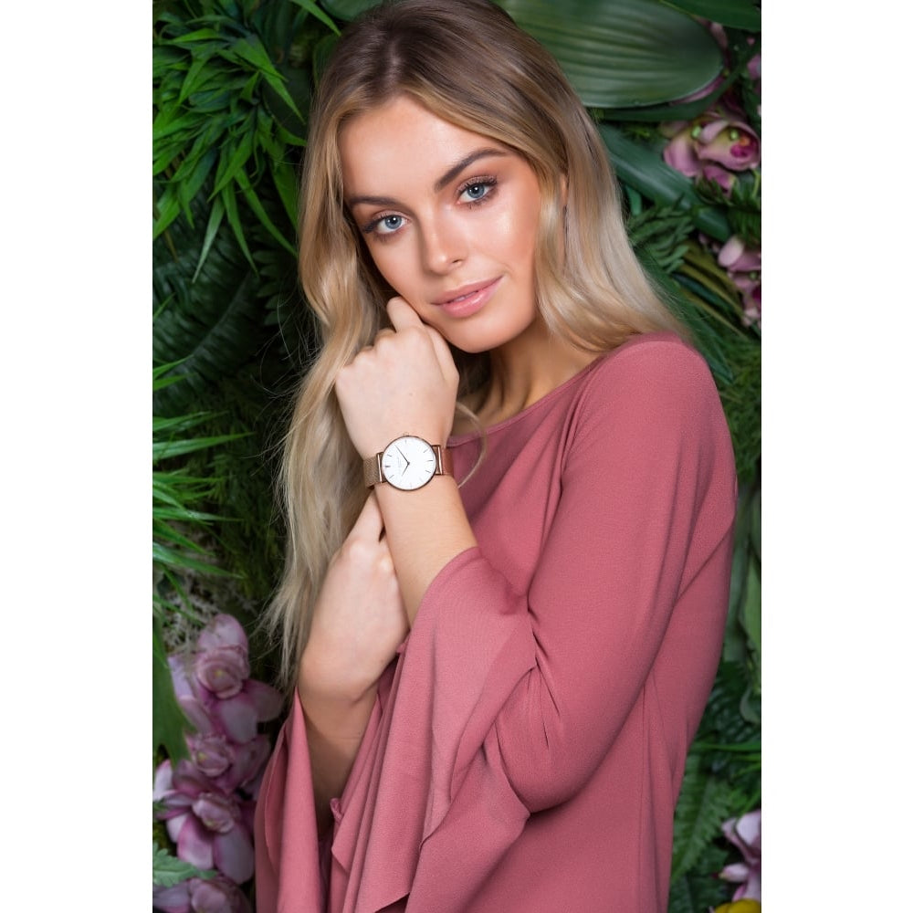 Rose Gold Plated Stainless Steel Mesh Watch with White Face