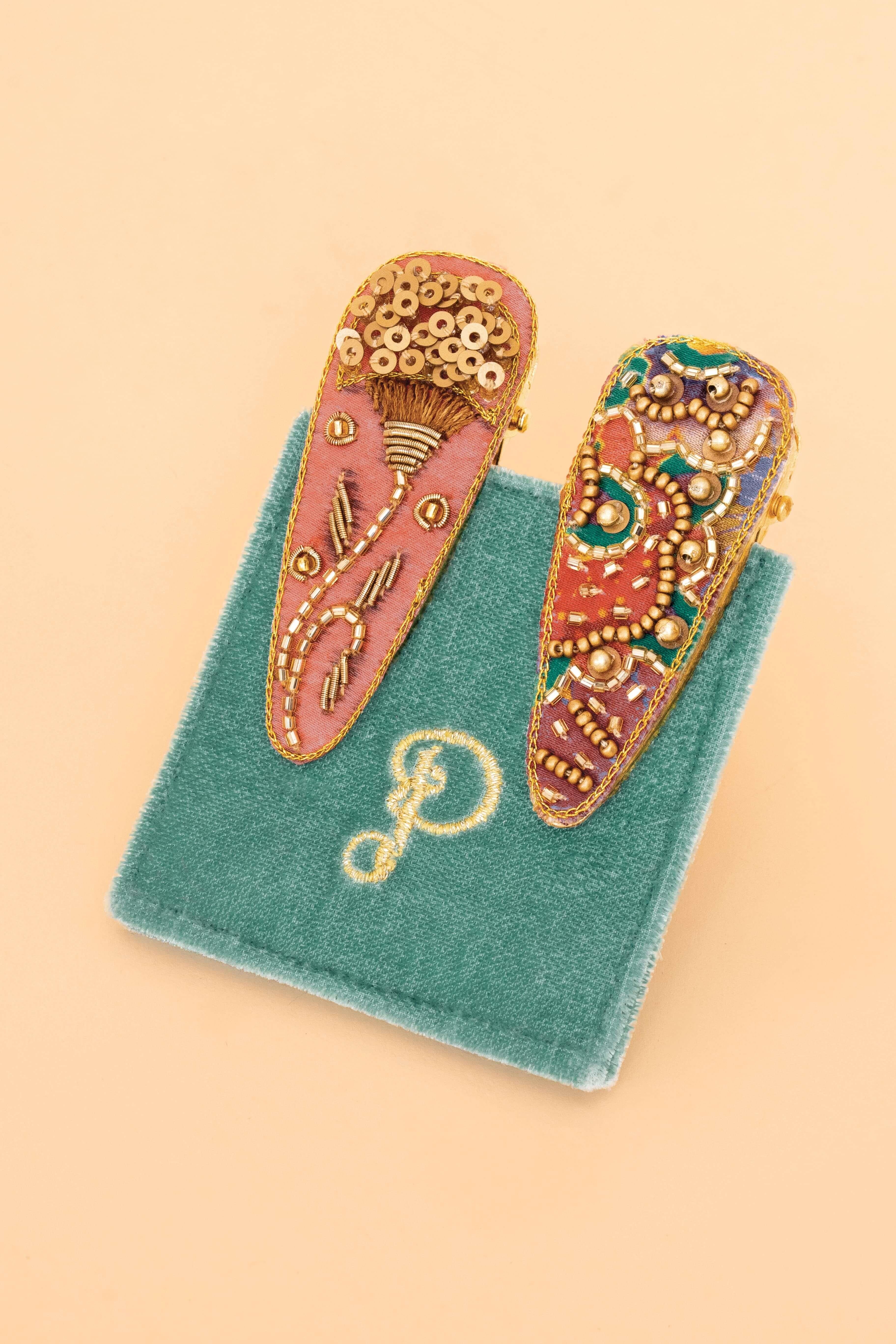 Floral Stem/60s Abstract Jewelled Hair Clips - Coral