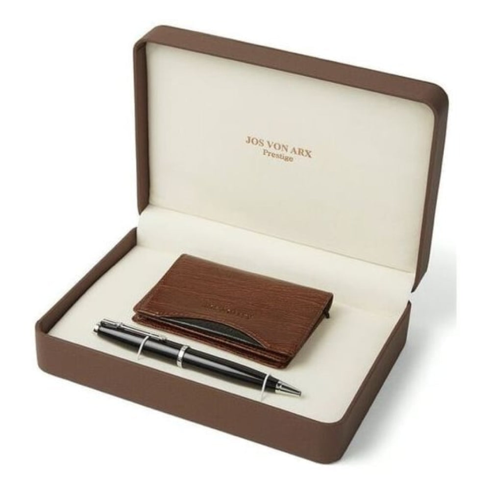 Men's Gift Set With Brown Leather Business Card Holder & Black Ball Point Pen