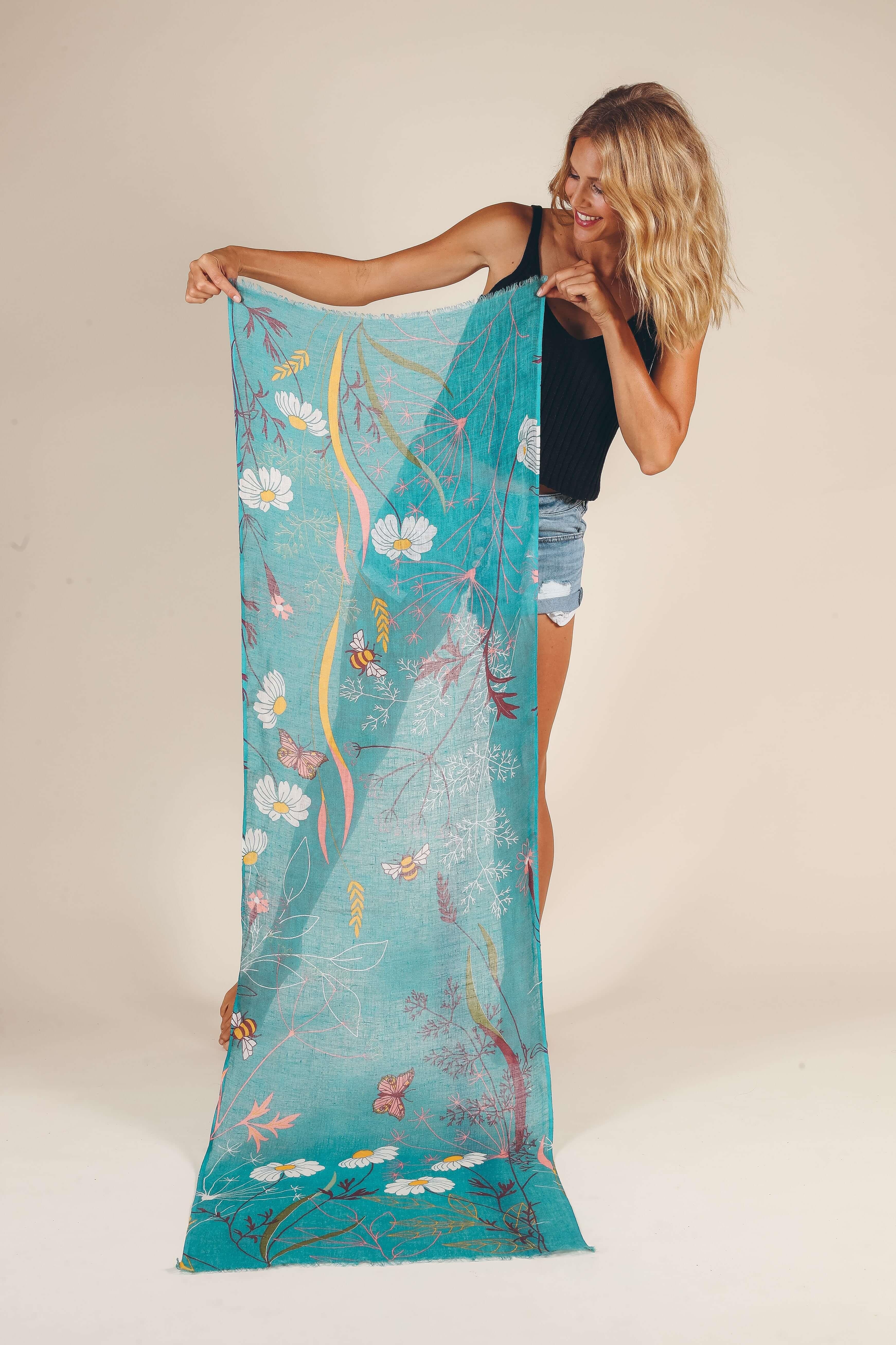 Summer Meadow Linen Print Scarf- Teal