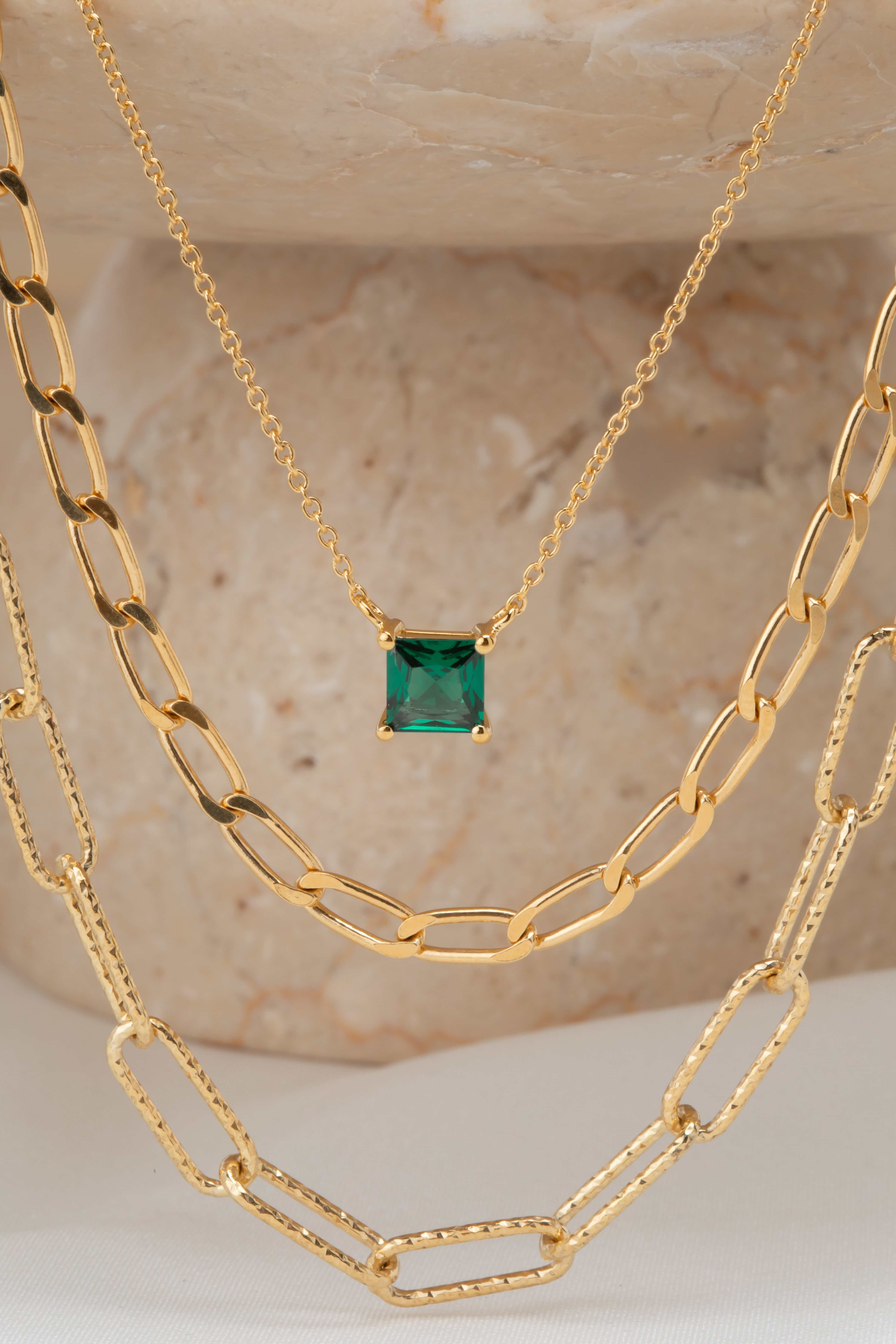 Ellera Quadrato Necklace In 18k Gold Plated With Green Zirconia