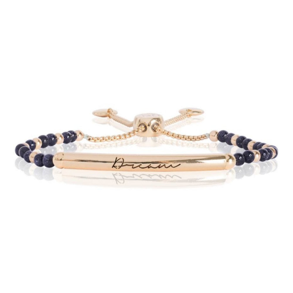 Signature Stones - Dream Engraved Yellow Gold Bar With Blue Sandstone Stones- Bracelet