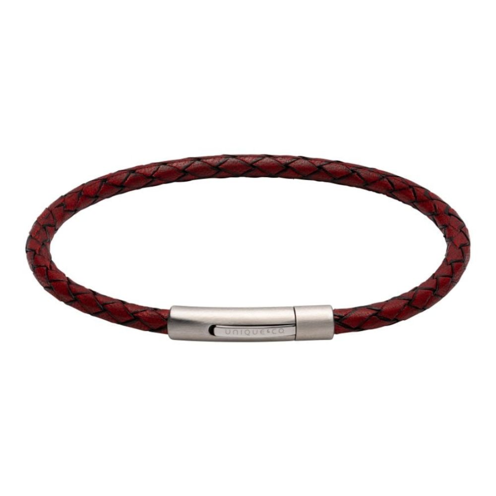 Antique Red Leather Bracelet BL Edge with Matte/Polished Steel Clasp