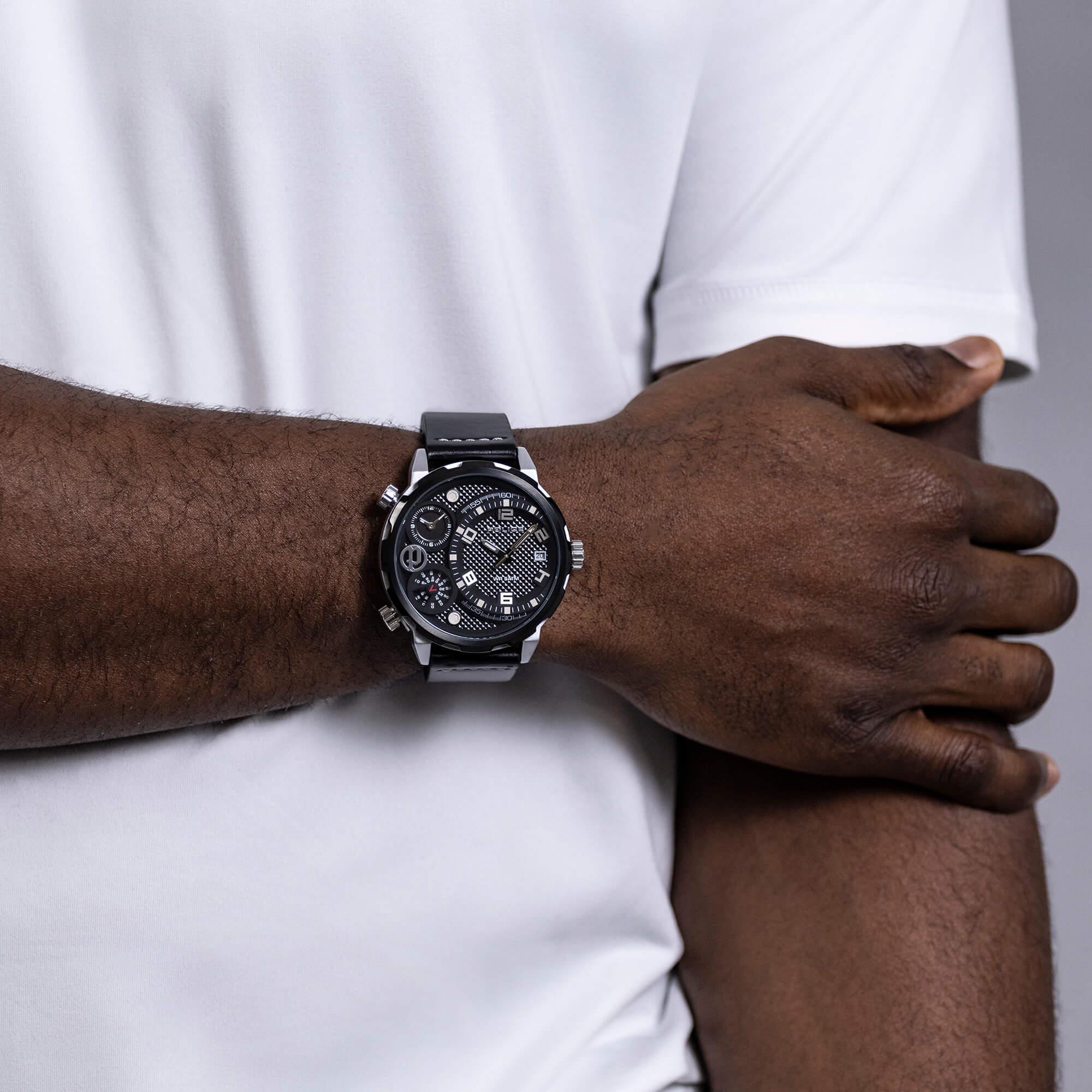 RAY Multifunction Dial With Black Leather Strap Watch