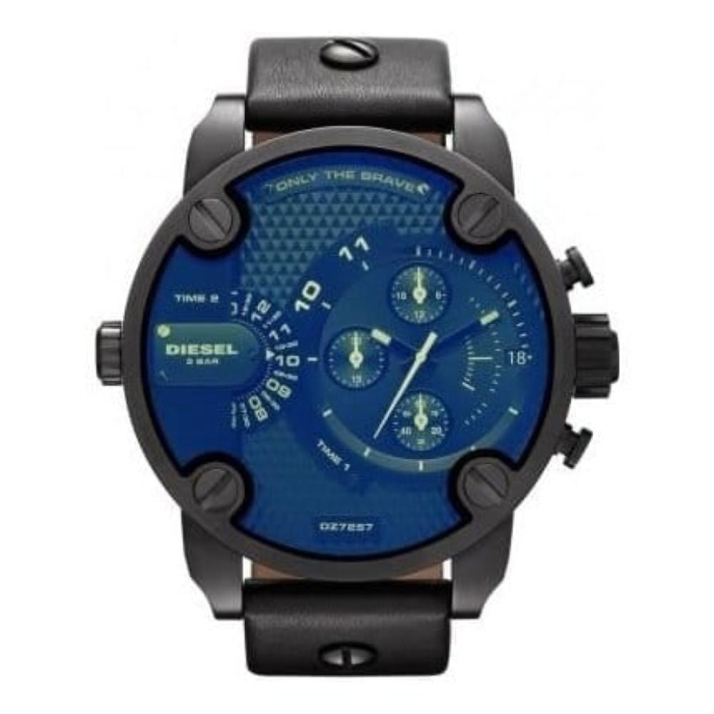 Gents Large Dual Time Blue Dial & Black Leather Watch