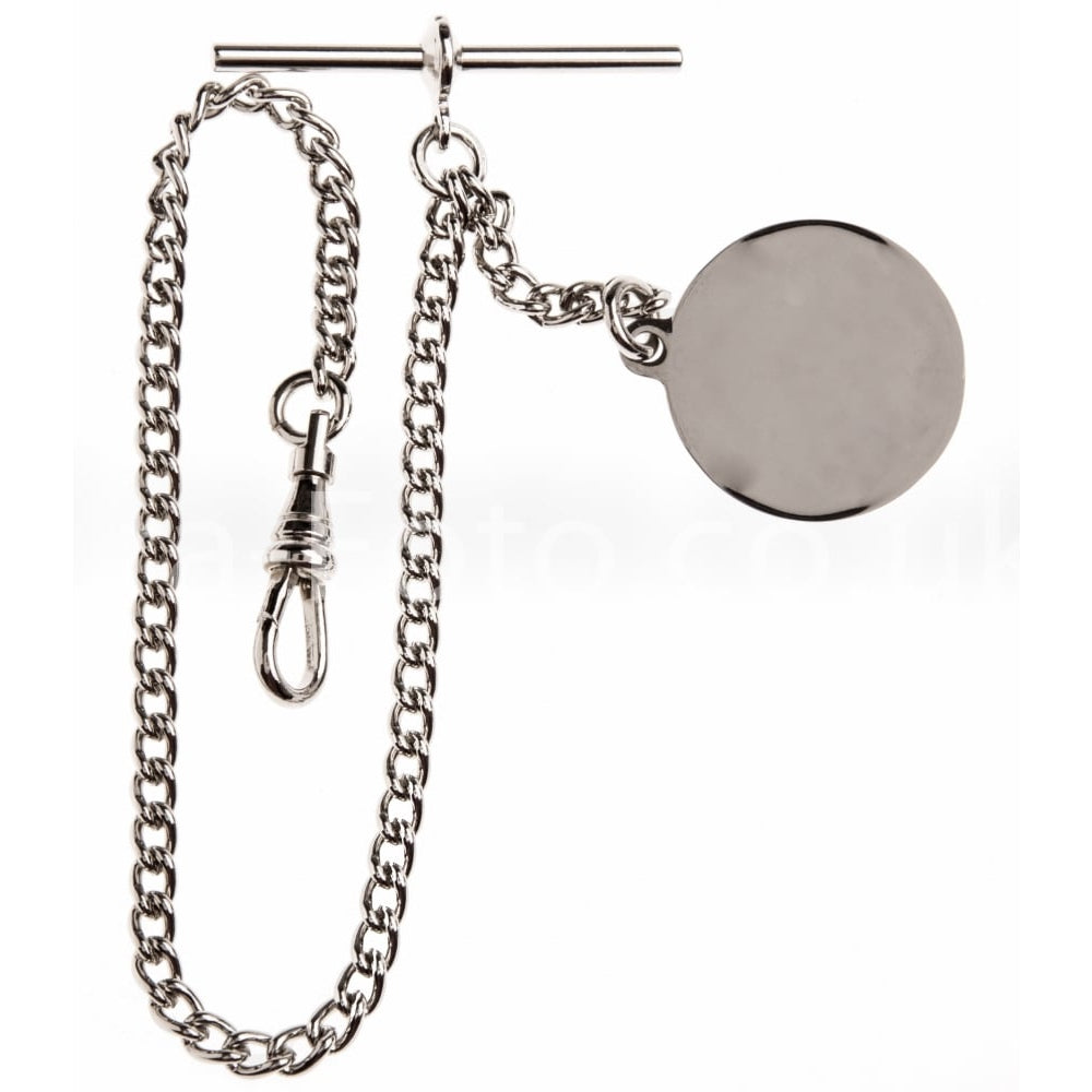 Chrome Plated 9 Inch Single Albert T-Bar Pocket Watch Chain With Engraveable Fob