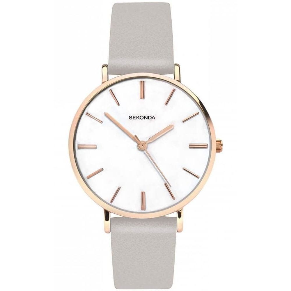 Rose Gold Plated Case With White Dial & Grey Leather Strap Ladies Watch