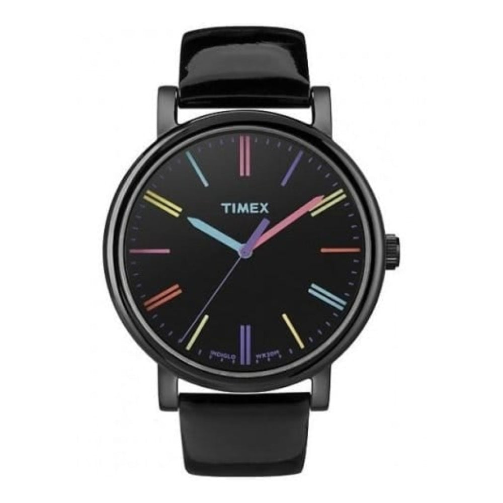Unisex Black Leather Watch Multicoloured Batons