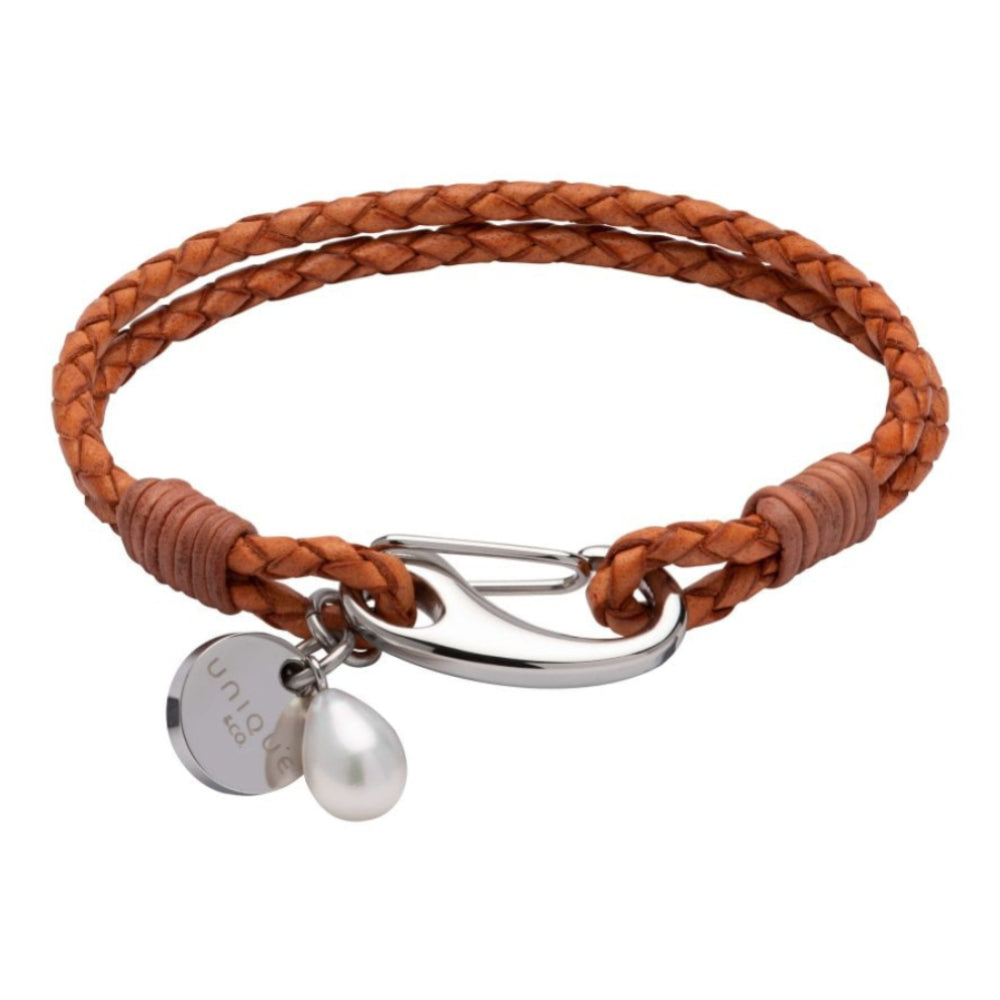 Antique Orange Leather Bracelet with Steel Shrimp Clasp - Pearl