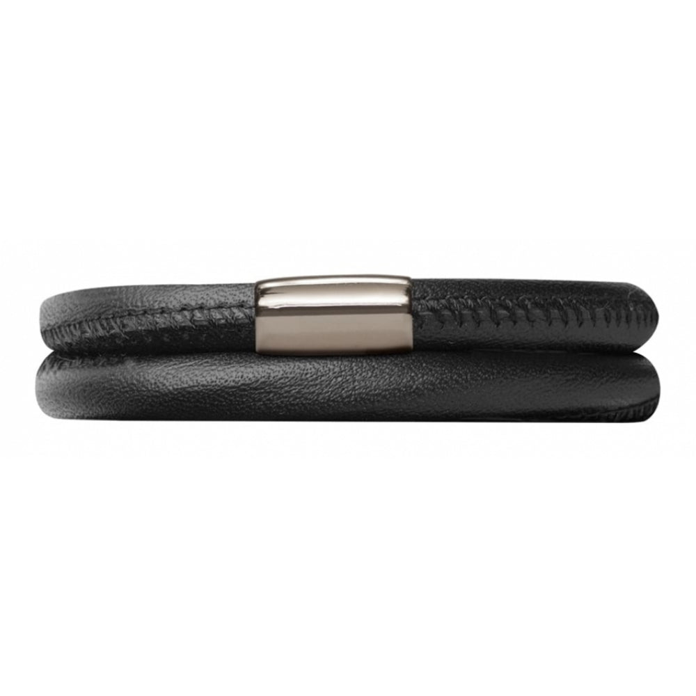 Double Band Black Leather Stainless Steel Bracelet
