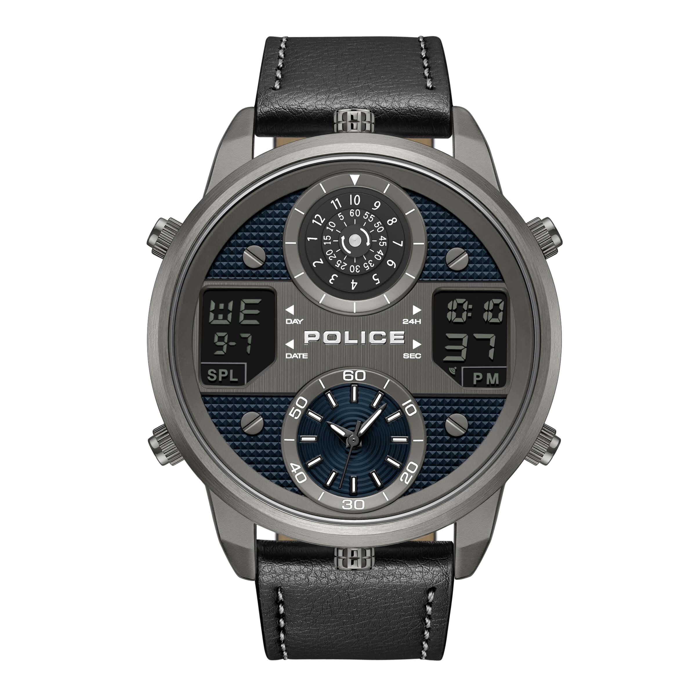 DASHER Digital Multifunction Black & Grey Hybrid Dial & Black Leather Strap Watch