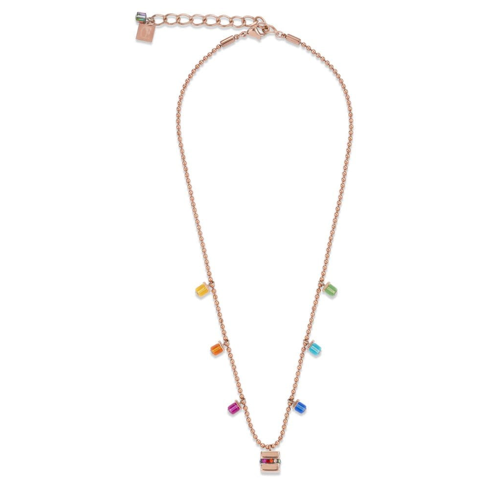 Multicolour Geo Cube & Swarovski Crystals Strip Pendant Rose Gold Necklace