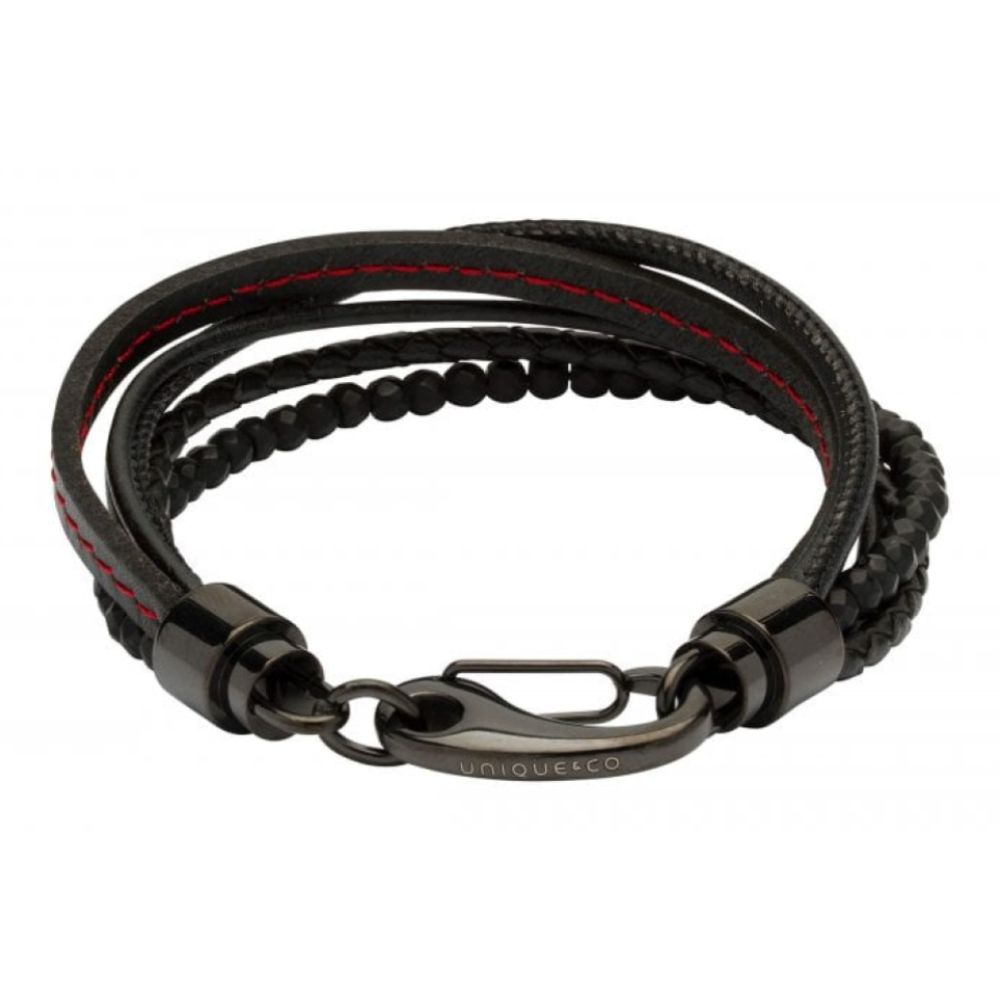 Black/Red Leather Br-Matt Black Hematite Beads-Black Ip Plating