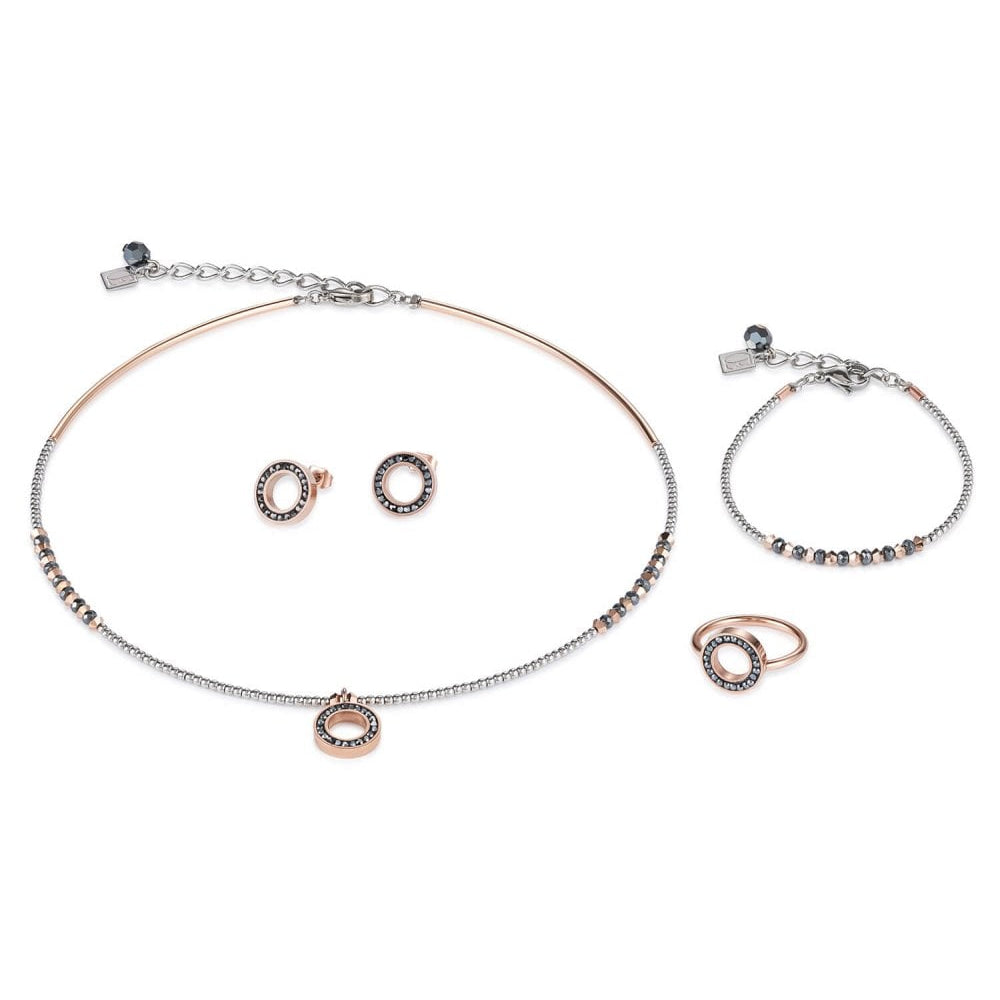 Anthracite Ring Crystals Pave Rose Gold Pendant, Stainless Steel Necklace