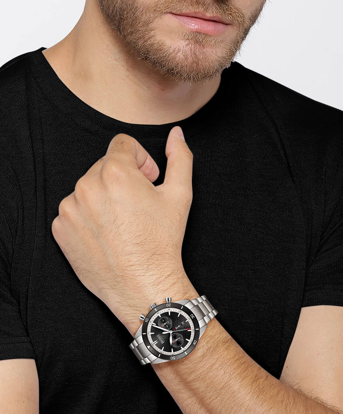 Santiago Stainless Steel Case Black Chronograph Dial & Bracelet Strap Gents Watch