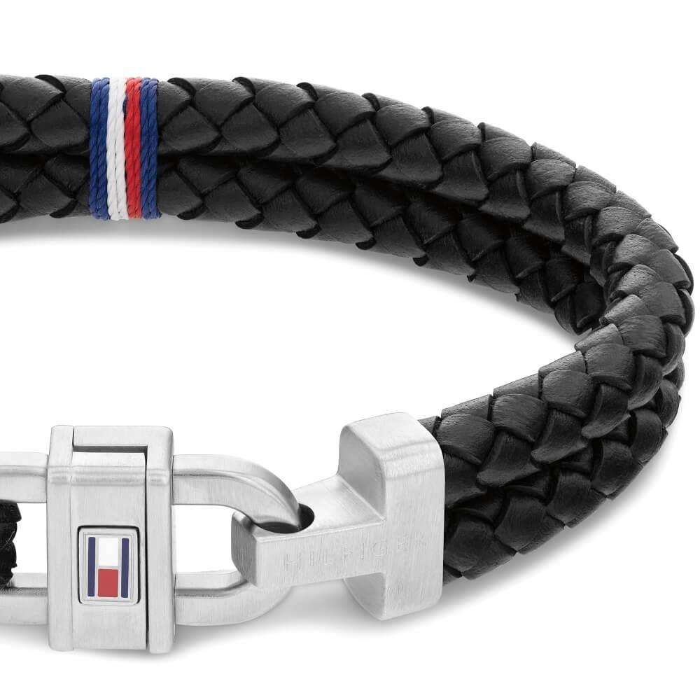 Carabiner Black Leather Braided Gents Bracelet