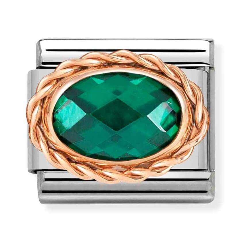 Composable Classic Stainless Steel Link With Oval Faceted Emerald Green CZ & 9k Rose Gold