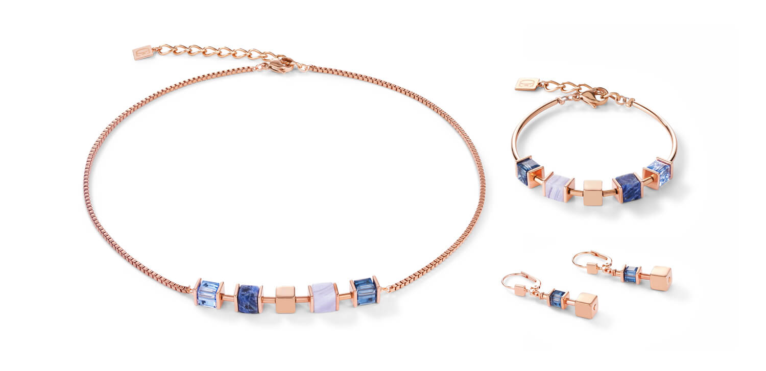 Blue Geo Cube & Rose Gold Plated Chain Necklace