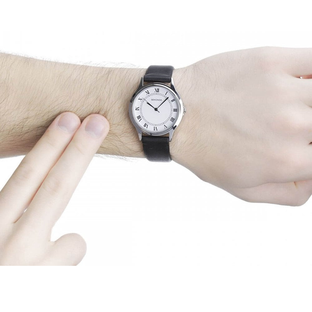 Stainless Steel White Dial With Black Leather Strap Gents Watch