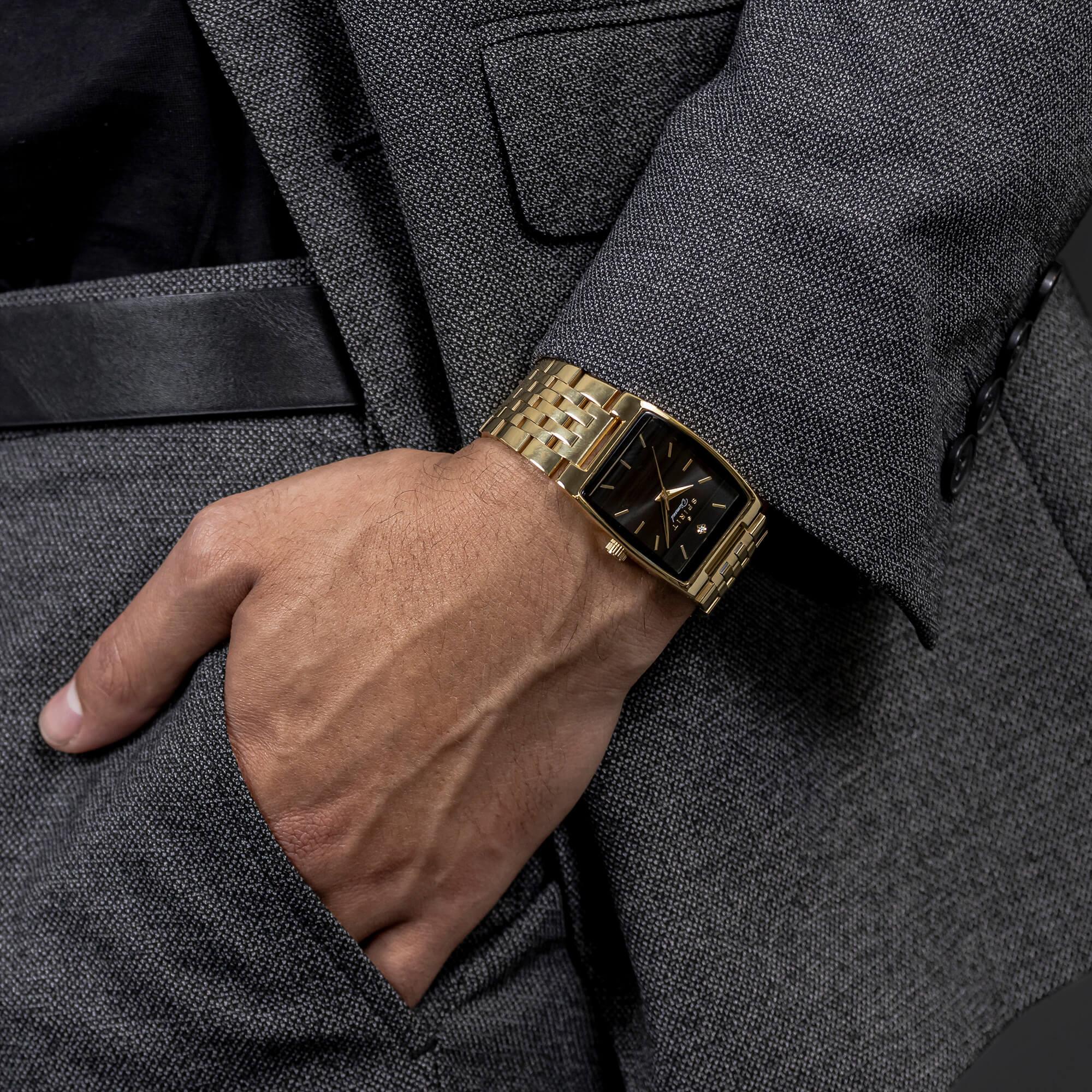 Gents Polished Pale Gold Square Diamond Bracelet Watch